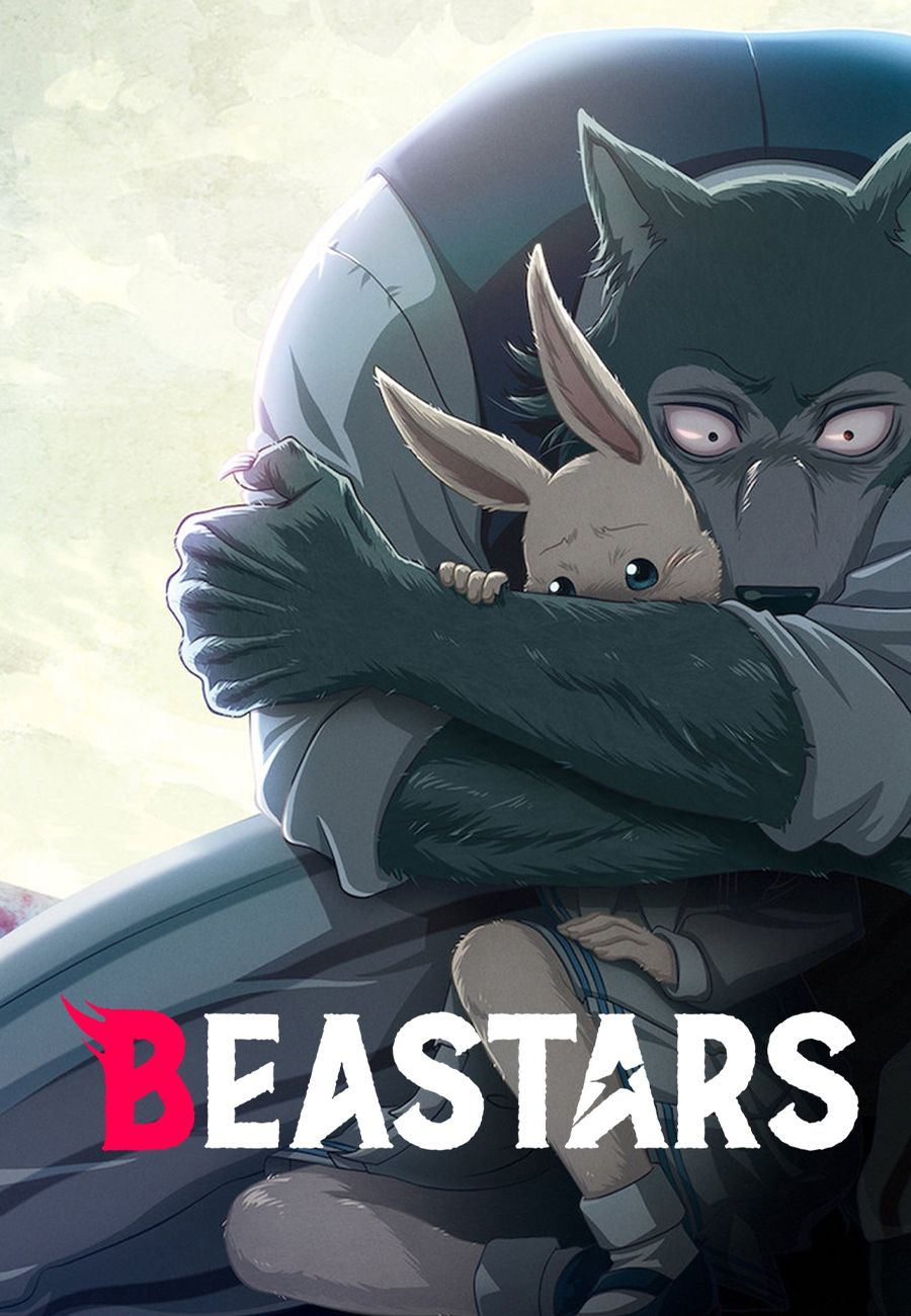 Legoshi holding Haru in his arms on Beastars anime poster.