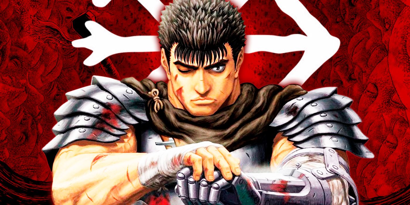 Guts from Berserk staring straight at the viewer with one hand on top of the other