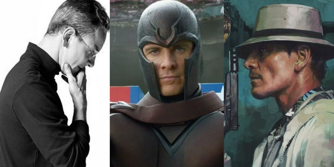 A split image of Michael Fassbender in Steve Jobs, X-Men: Days of Future Past, and The Killer
