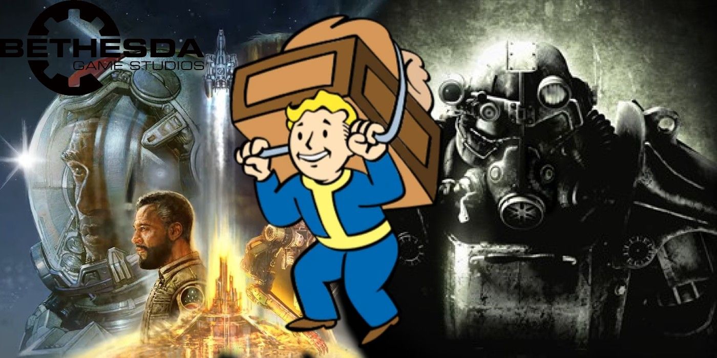 Vault boy carries a heavy pack with Starfield and Fallout art as the background