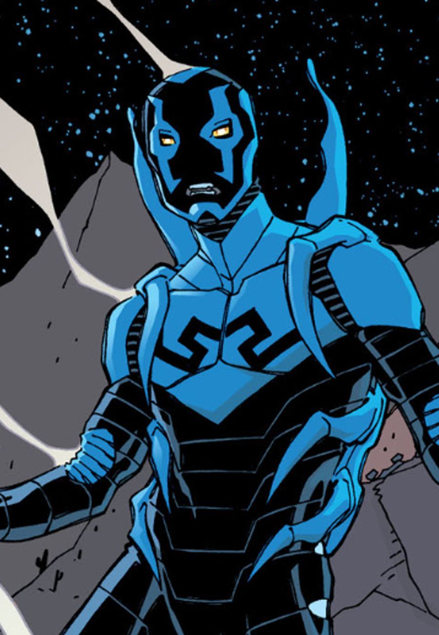 Blue Beetle comic book character against a rock and a backdrop of stars