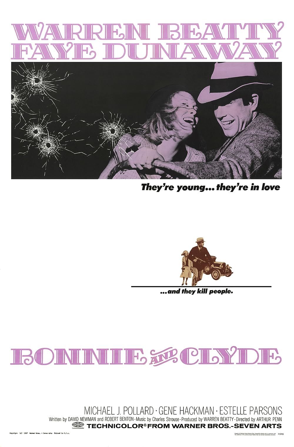 The poster for Bonnie and Clyde, featuring Bonnie and Clyde driving a car while being shot at