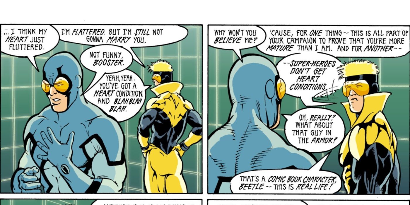 Booster Gold and Blue Beetle discuss Blue Beetle's heart condition