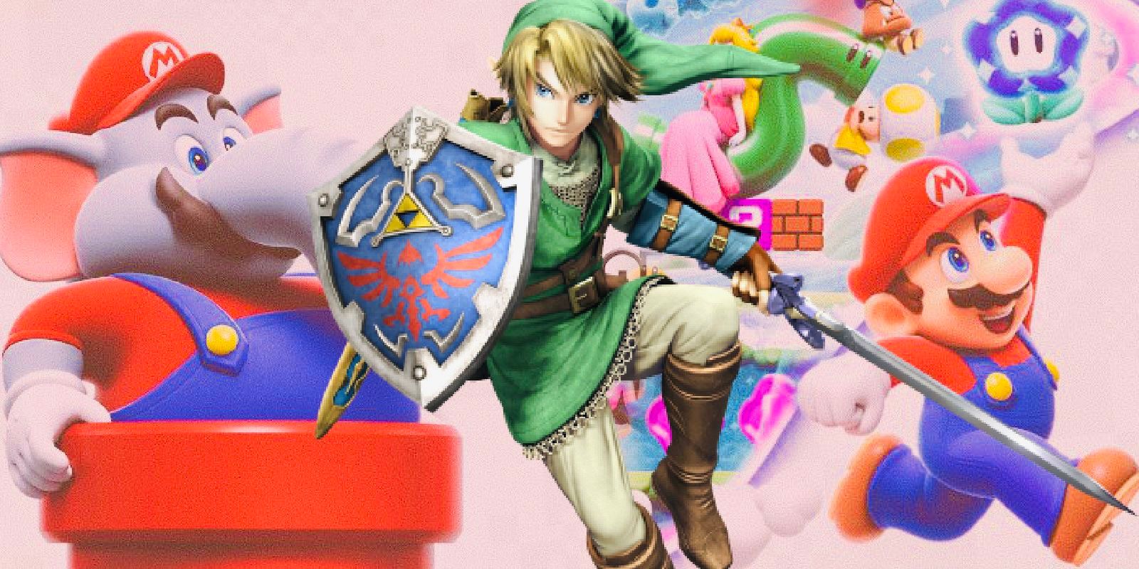 Link from the legend of zelda in front of super Mario bros wonder promo art