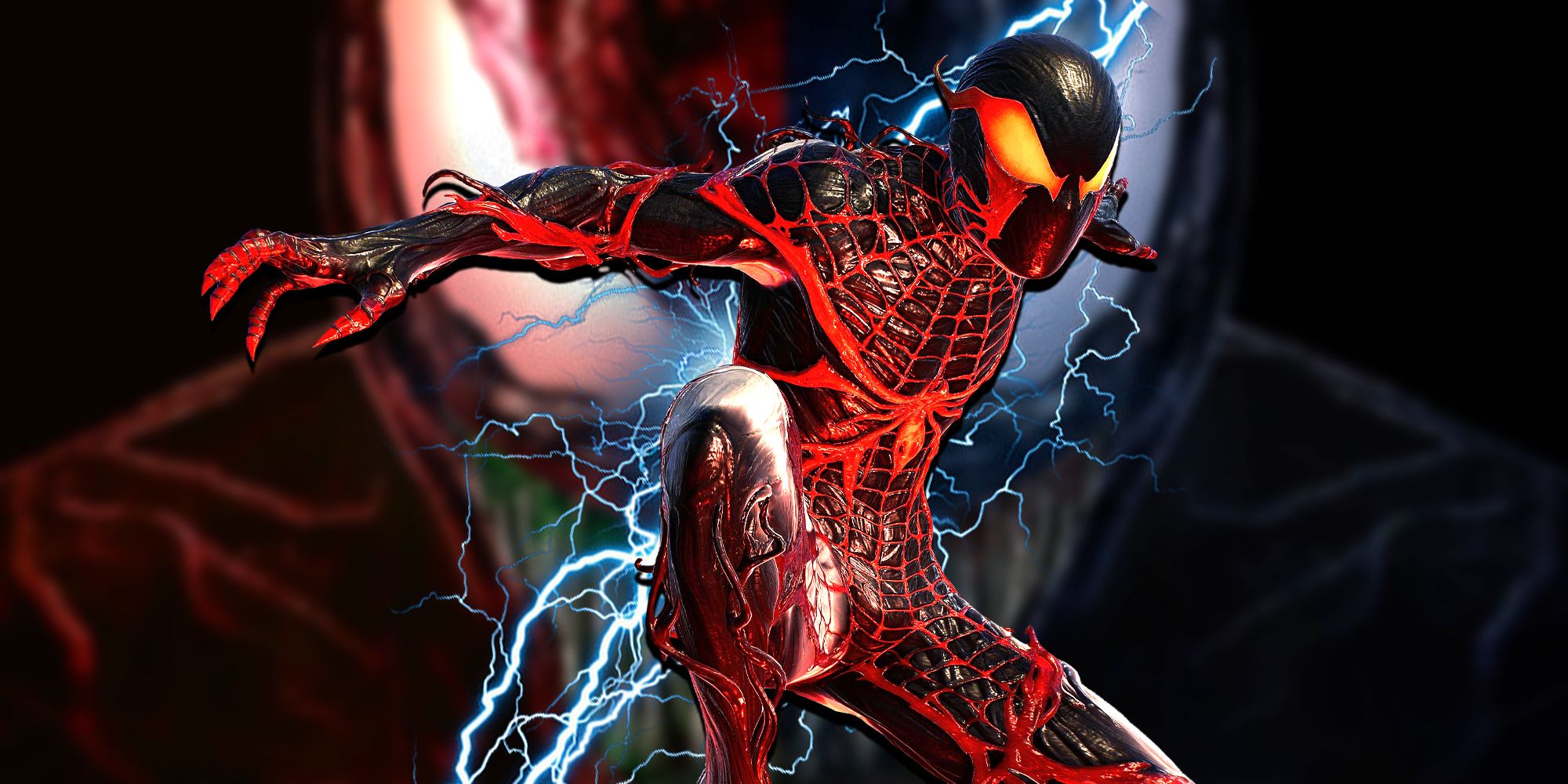Carnage Miles Morales in front of Venom and Carnage background