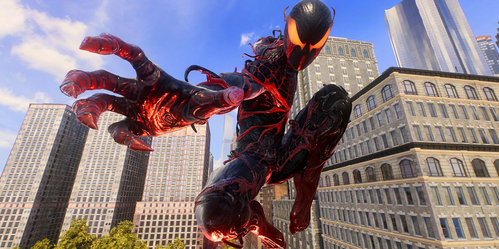 Carnage Miles Morales reaching for the camera in Marvel's Spider-Man 2