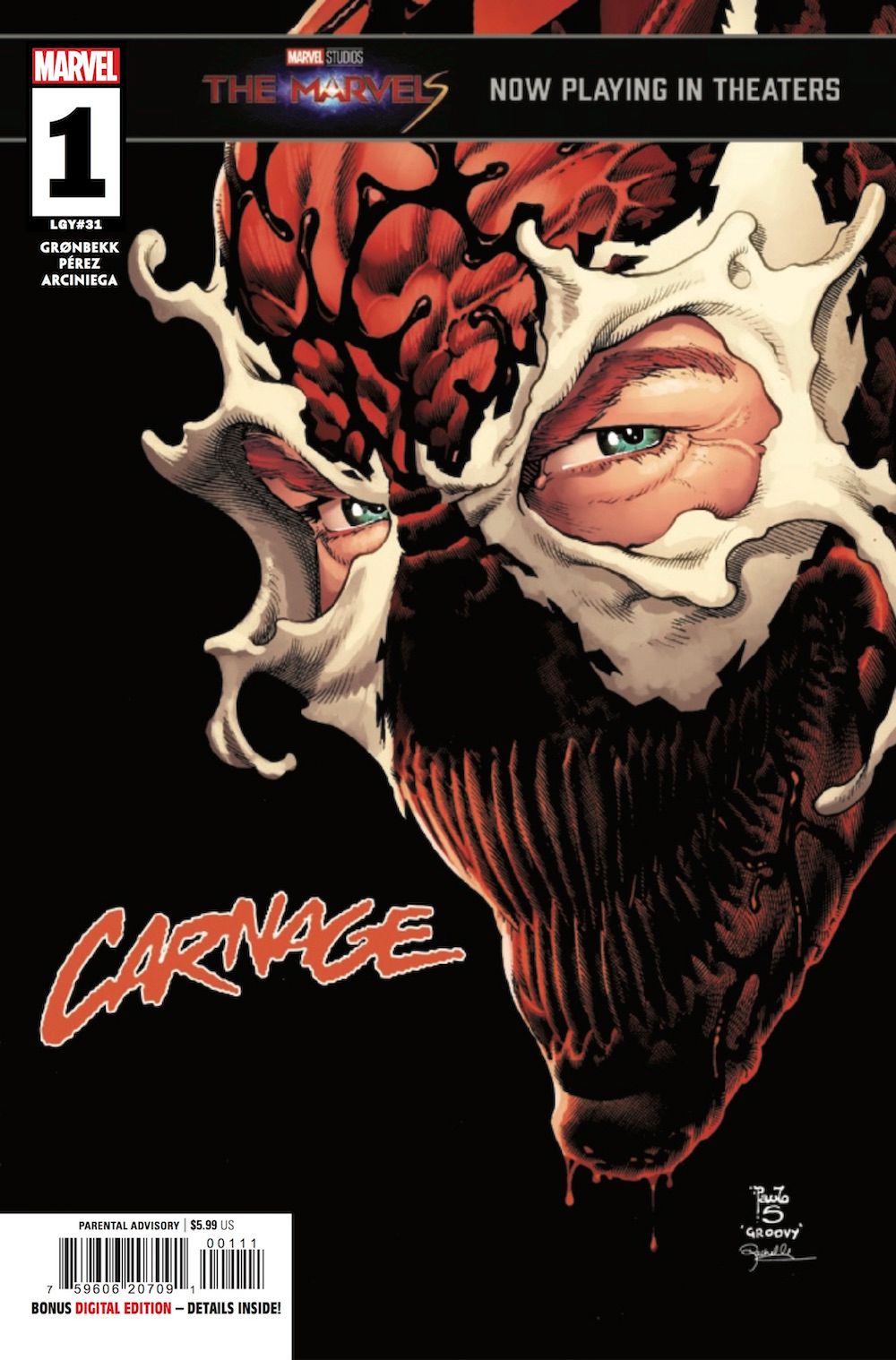 The cover of Carnage #1, a close up of Cletus Kasady's face fusing with the Carnage Symbiote.