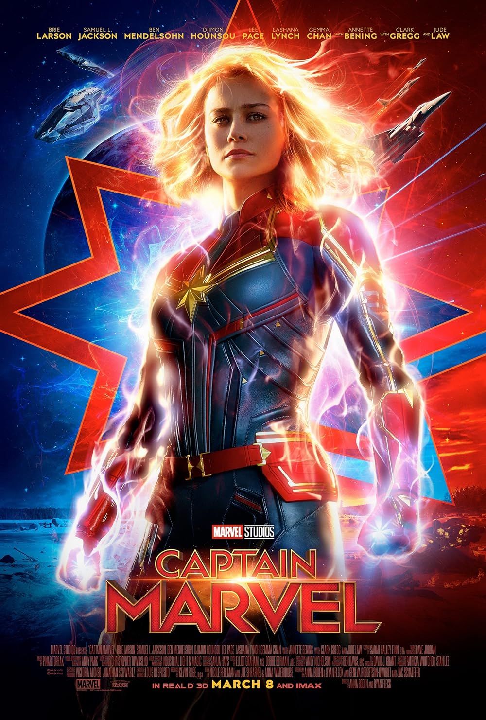Carol Danvers with a blue and red background on the poster for Captain Marvel