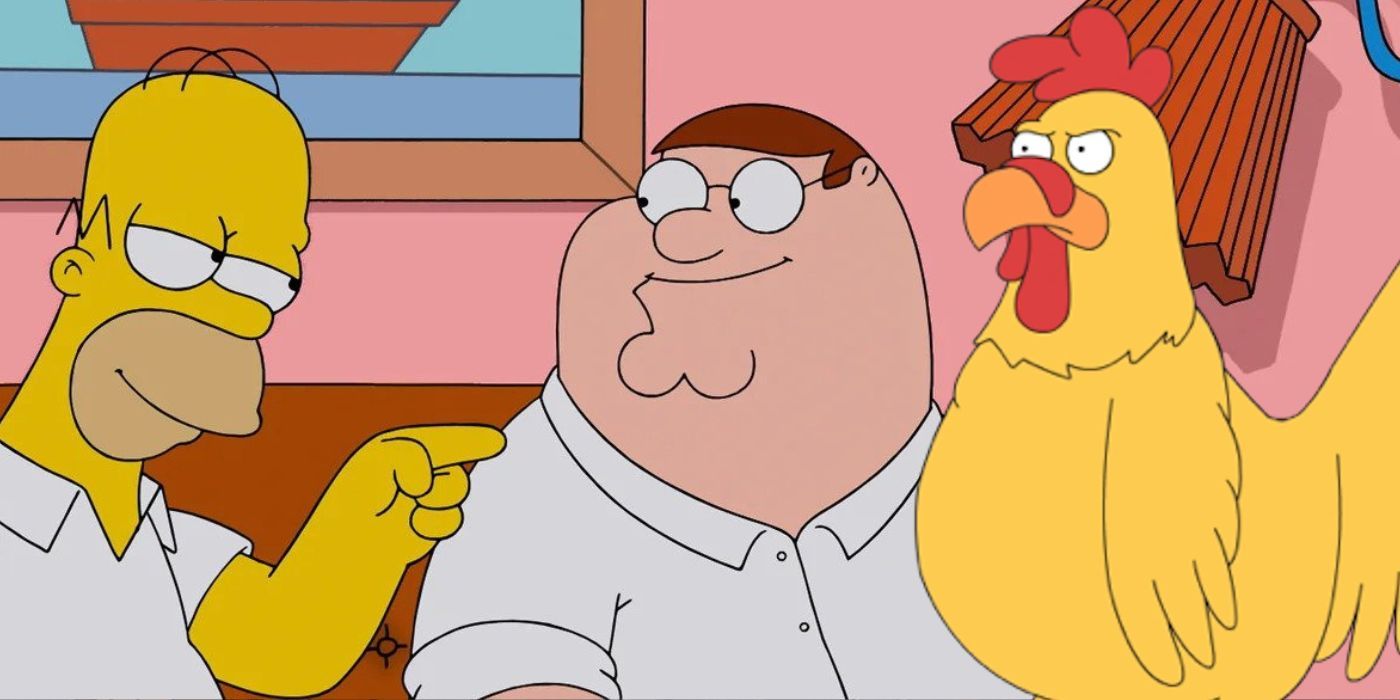 Homer Simpsons meets Peter Griffin with the Giant Chicken from Family Guy