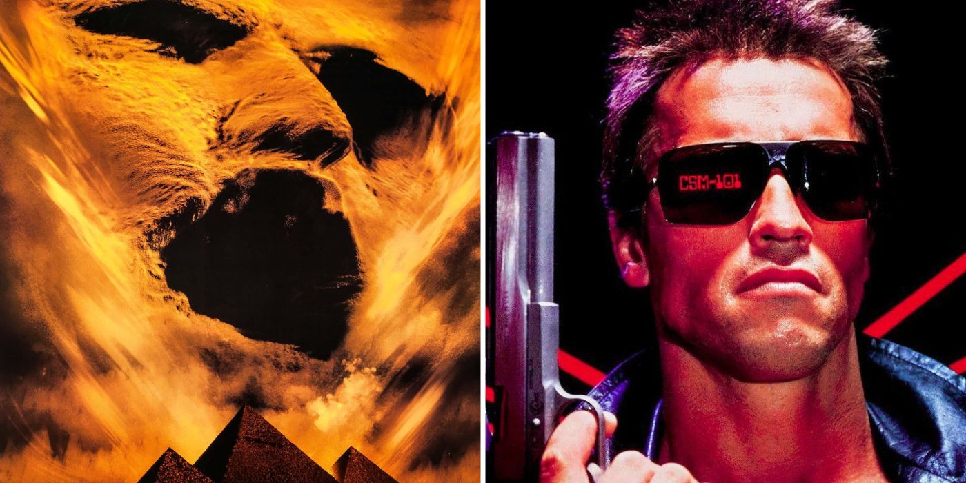 split image: movie posters for The Mummy 1999 and The Terminator