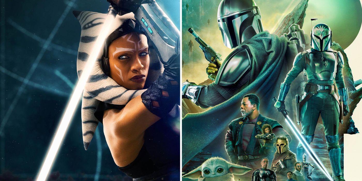 split image: Ahsoka and Mandalorian TV series posters