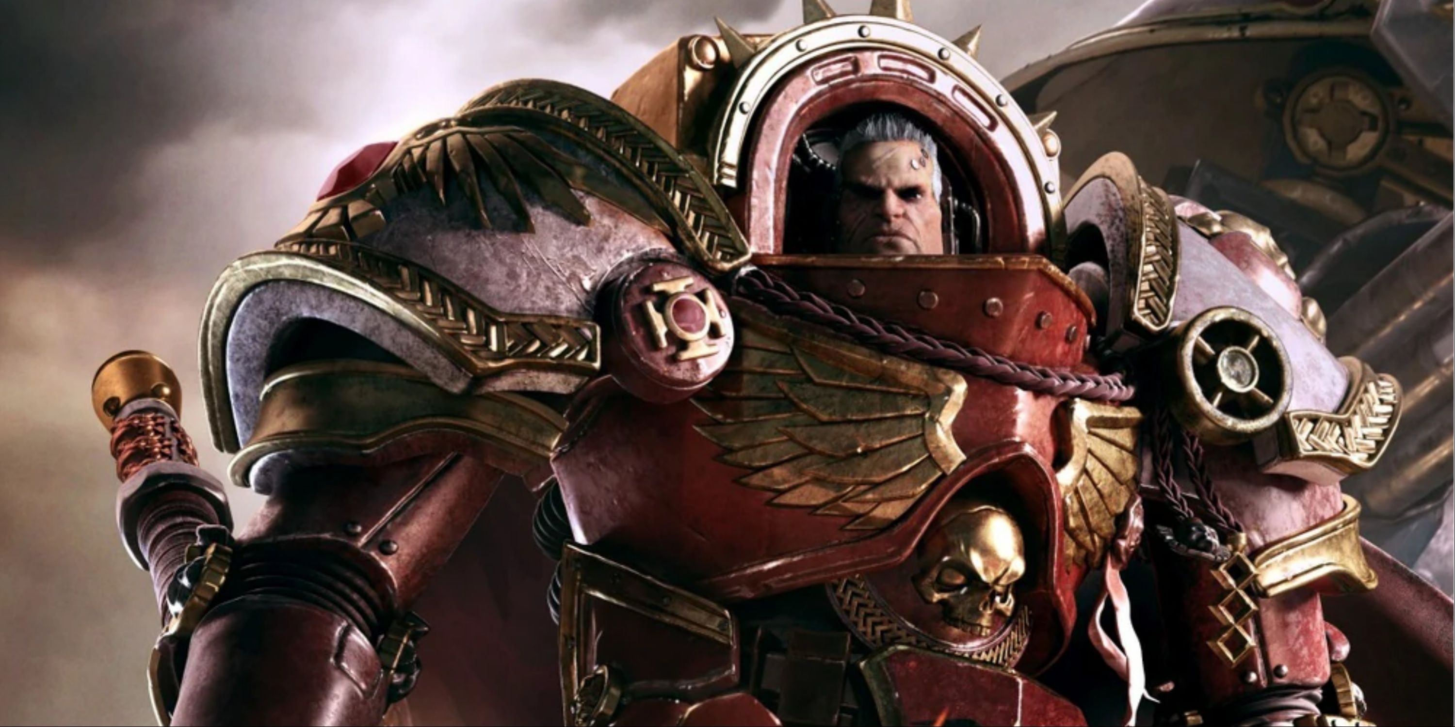 Chapter Master of the Blood Ravens Gabriel Angelos From Warhammer 40000 Dawn Of War stands before a waving flag in his bright red power armor weilding a hammer