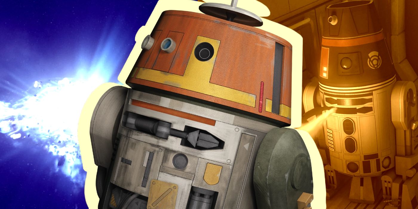 Chopper from Star Wars Rebels in front of Imperial astromech 264 and the exploding Interdictor