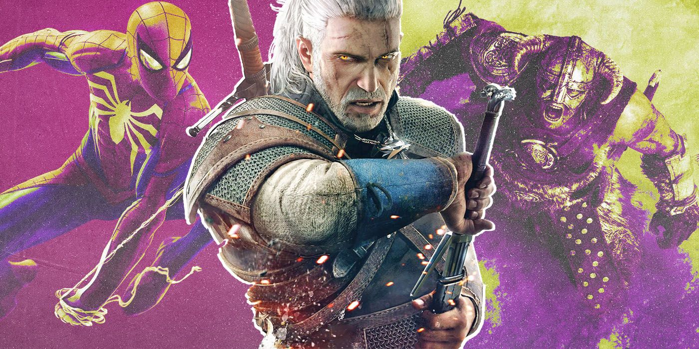 Collage Images of Witcher 3, Marvel's Spiderman, and Elder's Scroll Skyrim