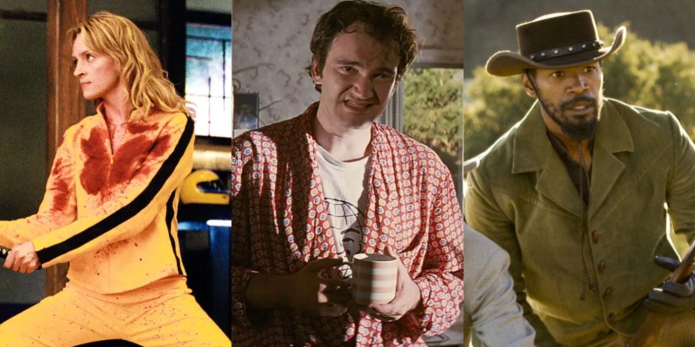 Split image of Uma Thurman in Kill Bill, Quentin Tarantino in Pulp Fiction and Jamie Foxx in Django Unchained