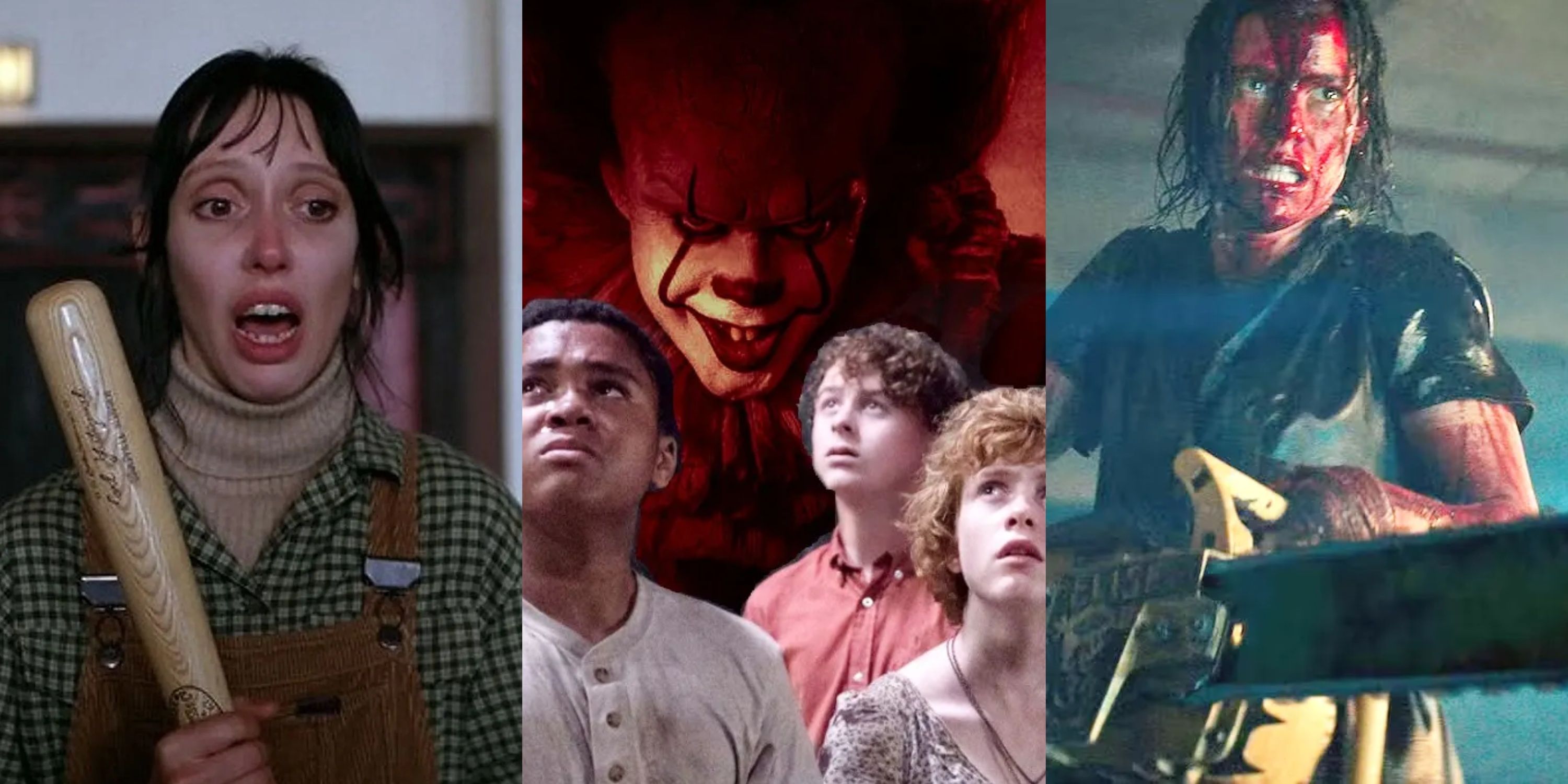 Split image of Wendy Torrance holding a baseball bat, The Loser's Club and Pennywise, Beth holding chainsaw