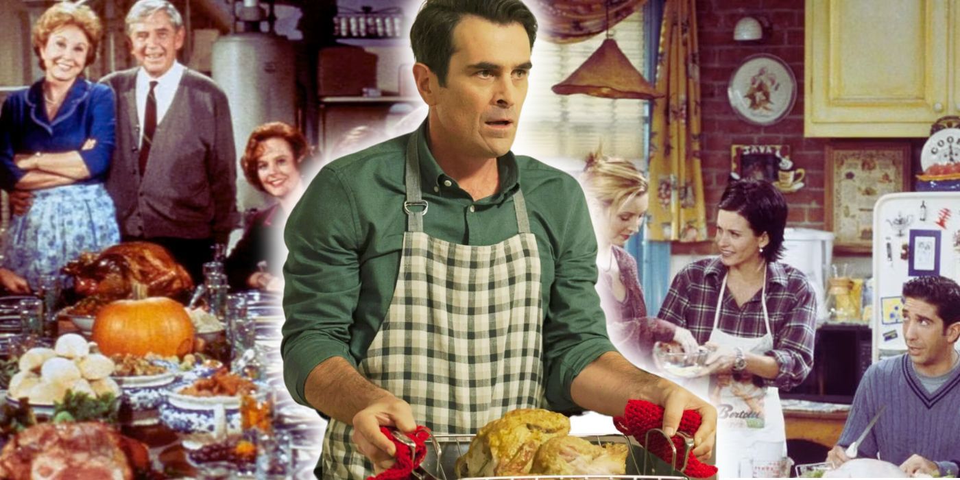Collage of The Waltons, Phil Dunphy in Modern Family, and Friends in Thanksgiving