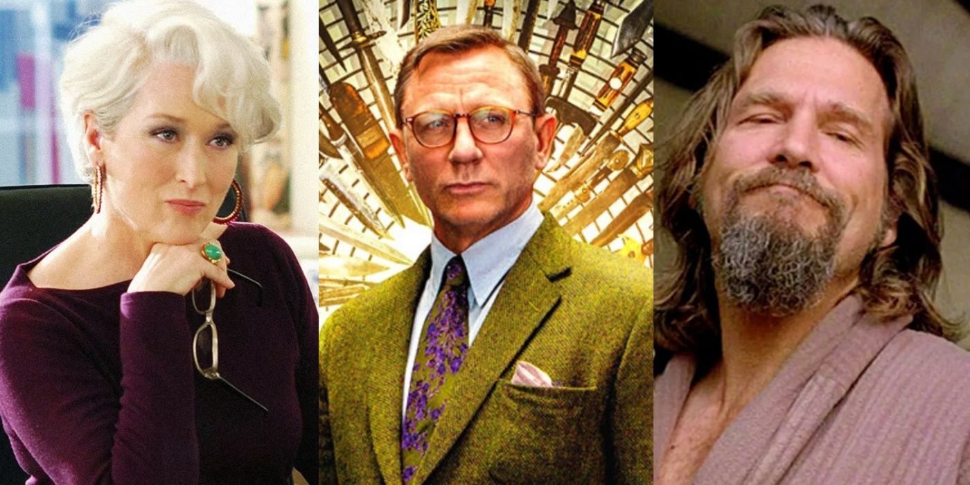 A split image of Meryl Streep in The Devil Wears Prada, Daniel Craig in Knives Out, and Jeff Bridges in The Big Lebowski