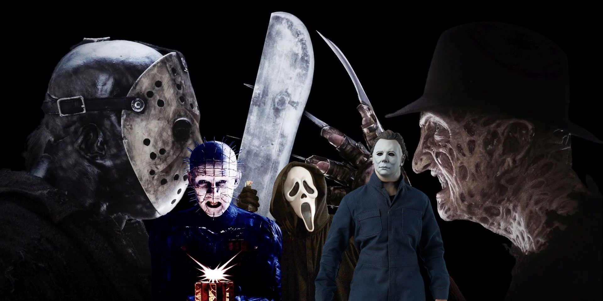 Composite image Freddy vs Jason, Pinhead, Scream Ghostface, Michael Myers