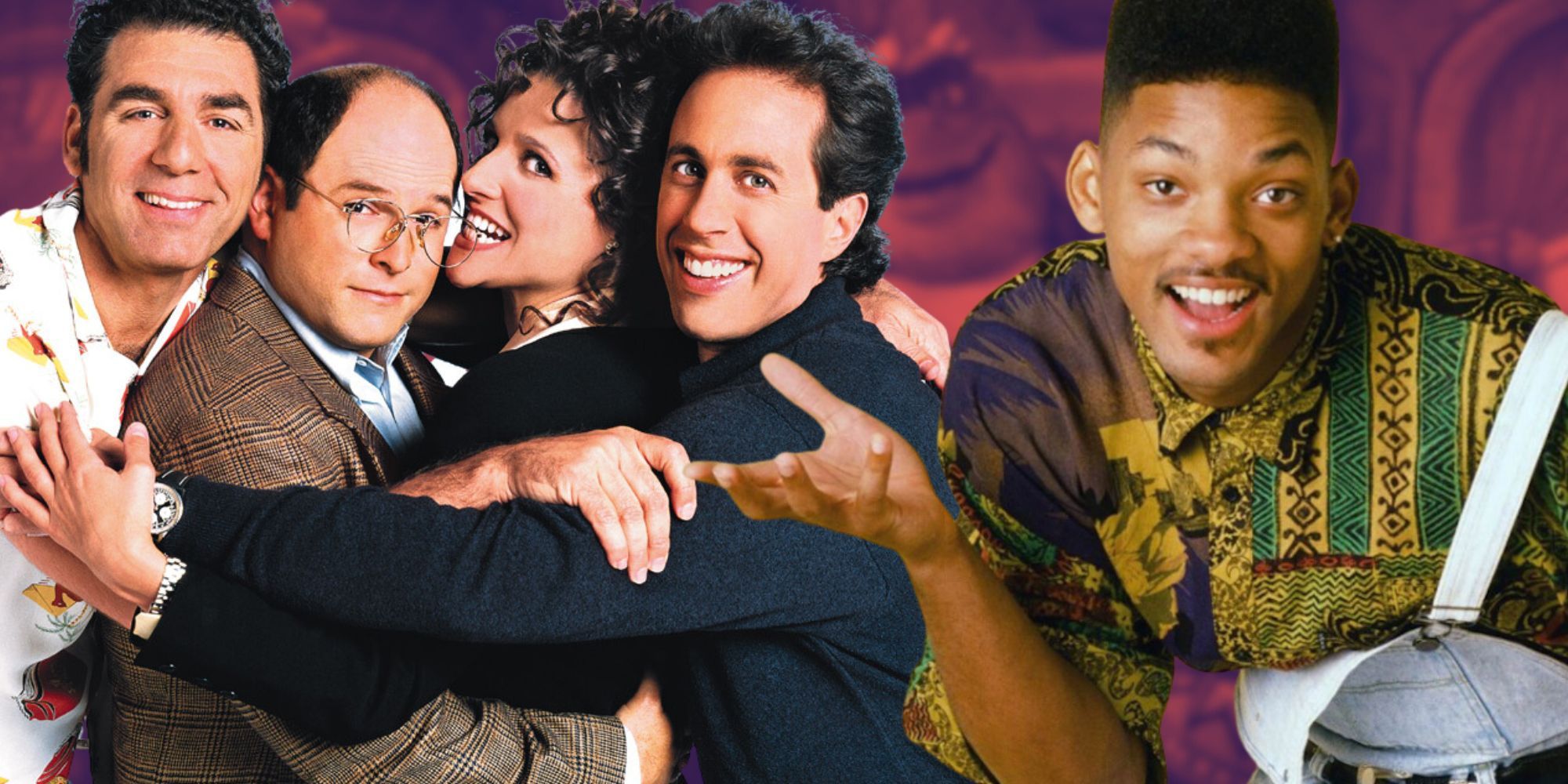 Composite image of the Seinfeld Cast and Will Smith in the Prince of Bel Air with the family of Dinosaurs in the background