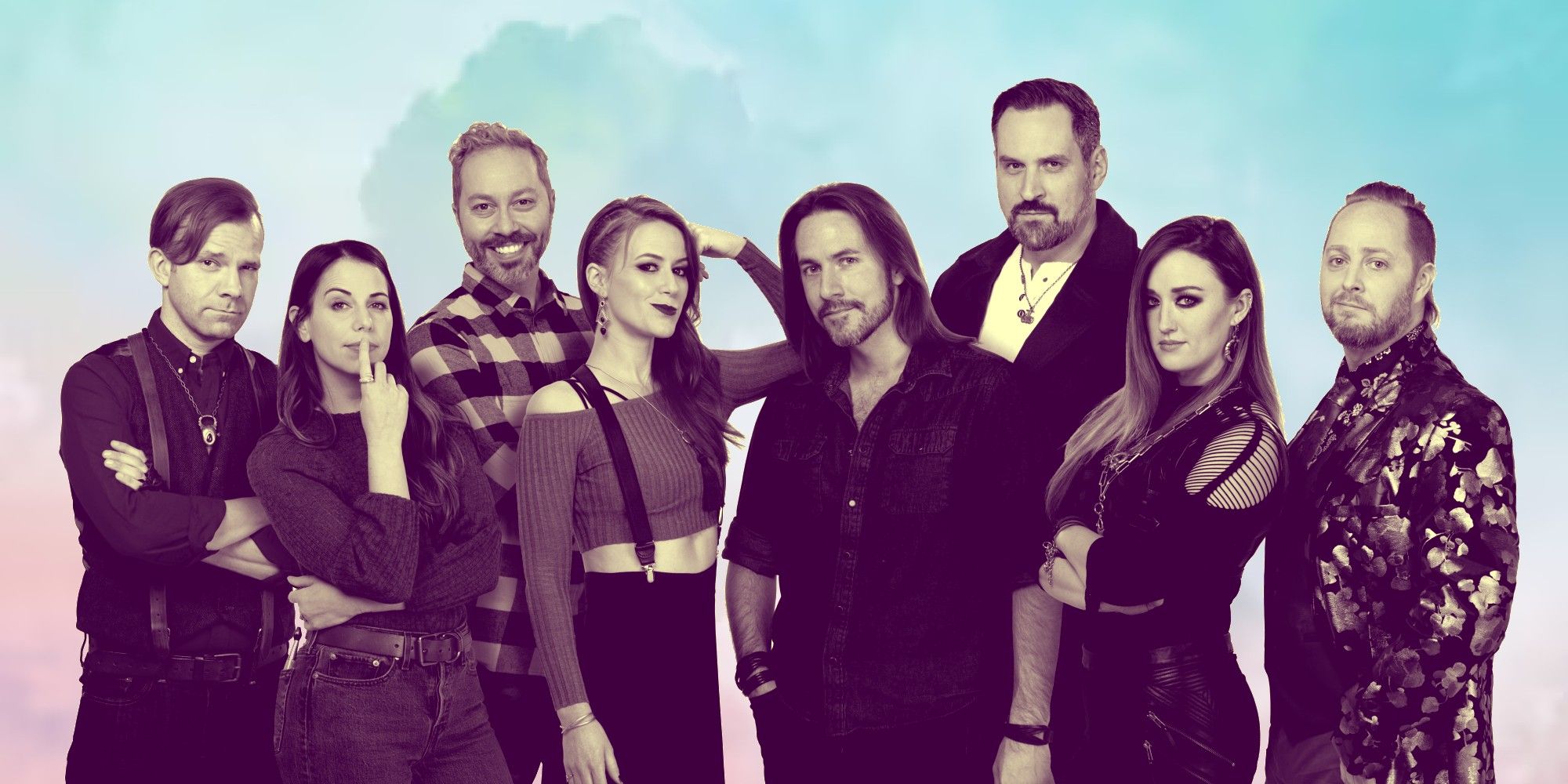 The cast of Critical Role against a pastel background