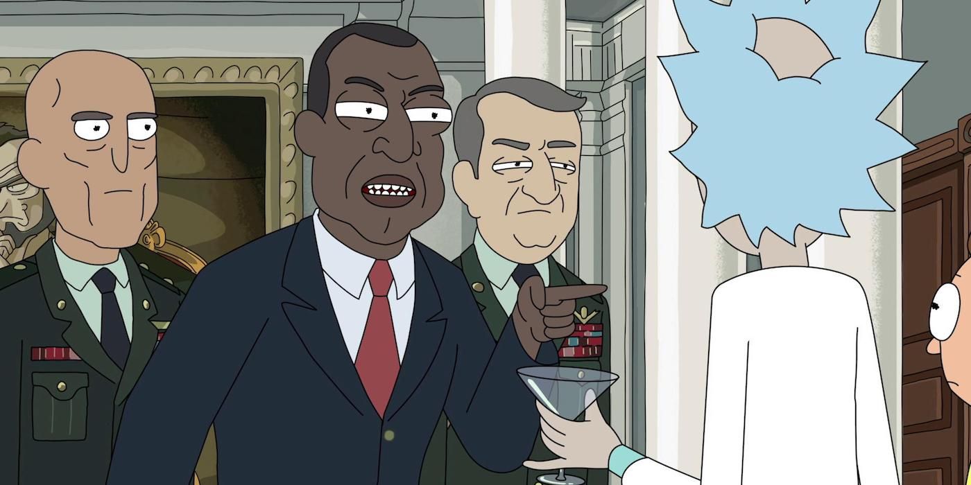 O Presidente Curtis discute com Rick Sanchez e Morty Smith em Rick e Morty.