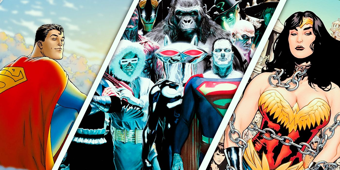 A split image of All-Star Superman, a group of DC villains, and of Wonder Woman in chains