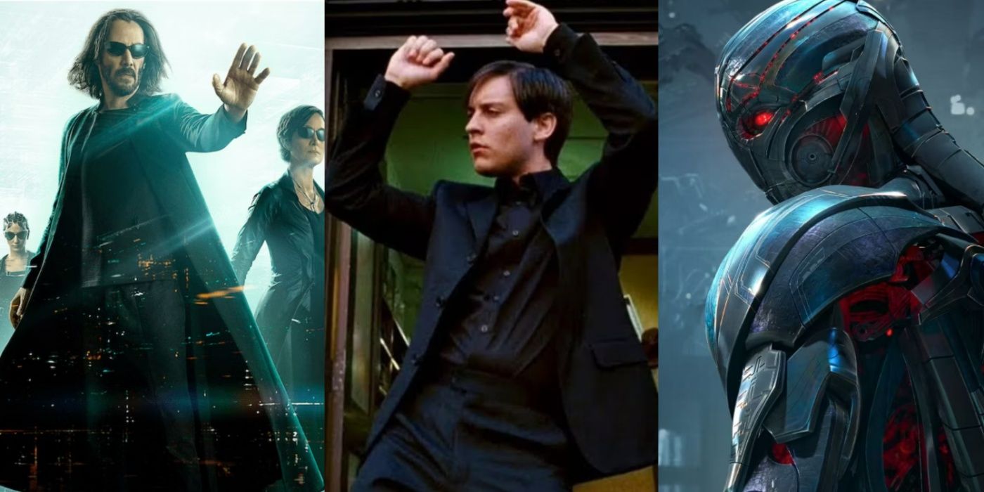 A split image of Neo and Trinity in The Matrix Resurrections, Peter Parker dancing in Spider-Man 3, and Ultron in Avengers: Age of Ultron