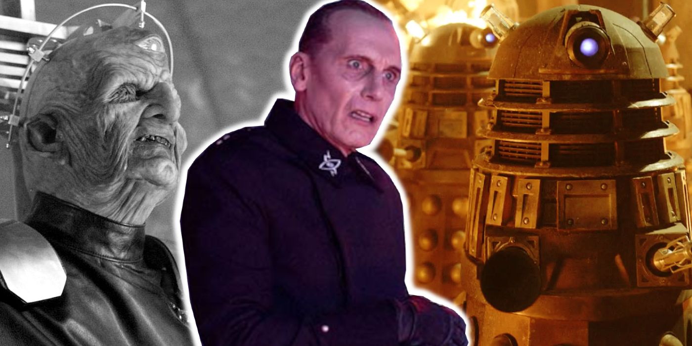 Julian Bleach as two versions of Davros on Doctor Who, with the Daleks.