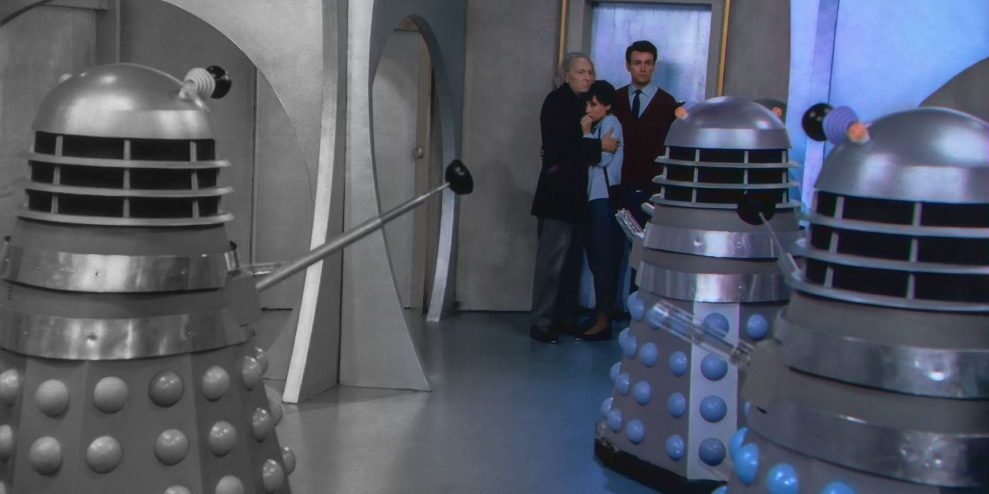 The First Doctor, Susan and Ian face the Daleks in colour vs. black and white.