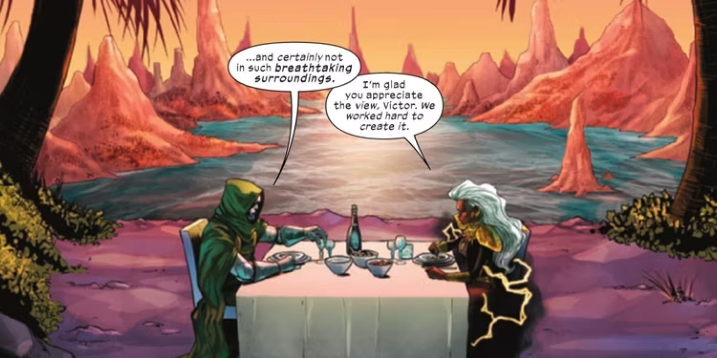 Doctor Doom has dinner with Storm.