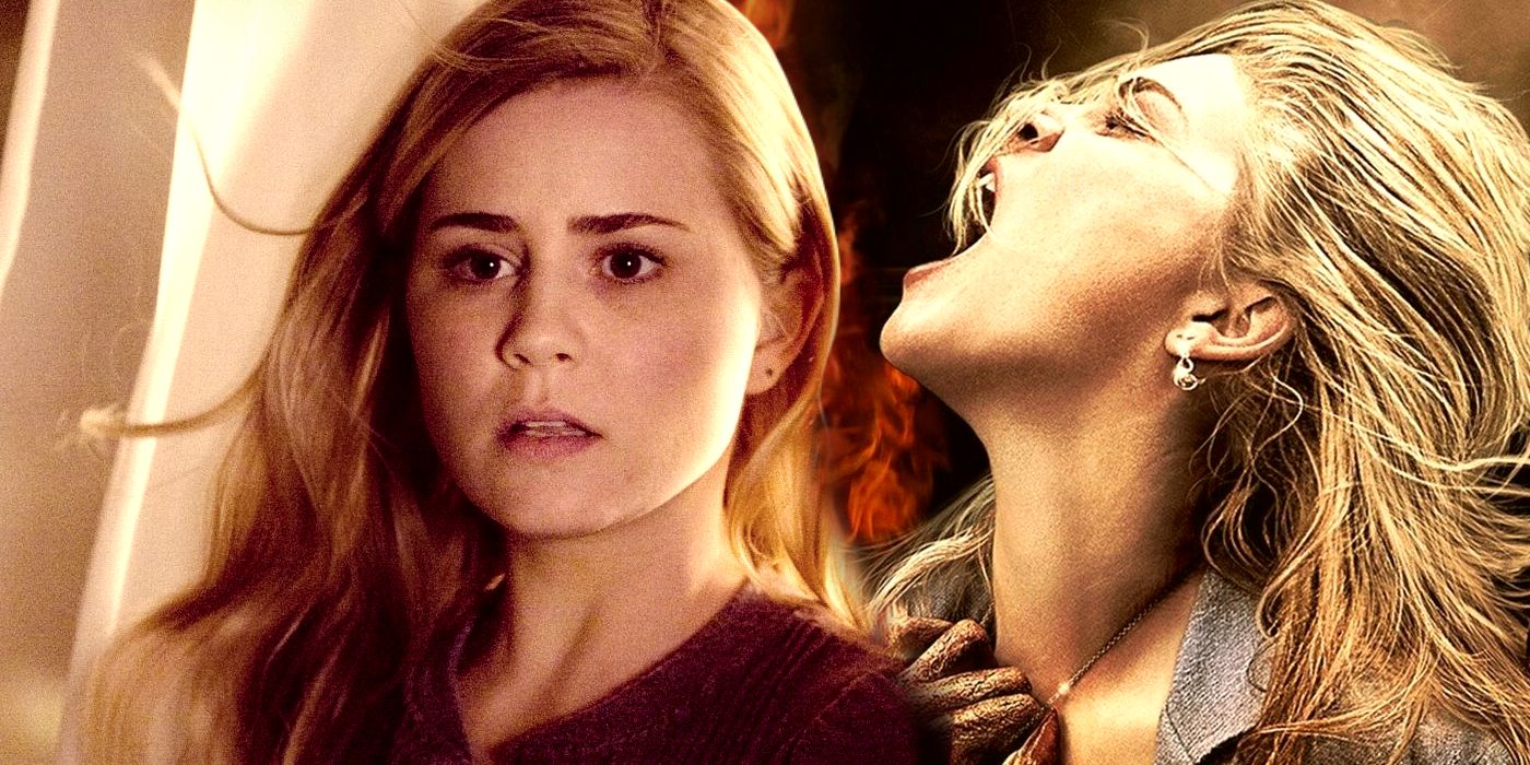 Split of Christine Brown (Alison Lohman) looking aghast and screaming in agony in Drag Me To Hell