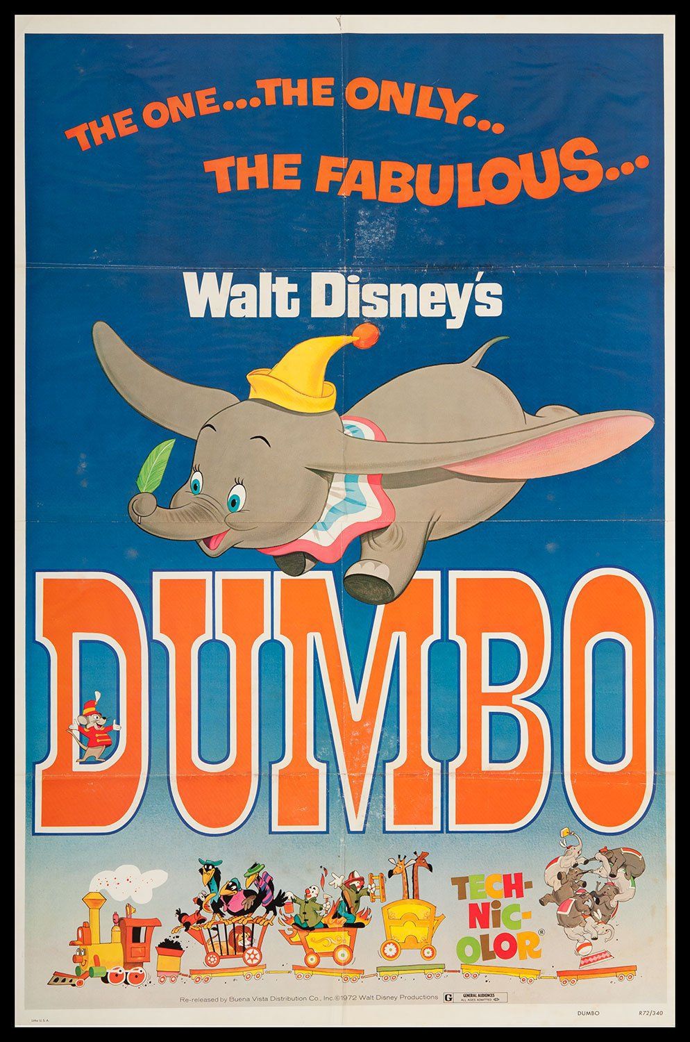 Dumbo flying over a train on the Dumbo poster.