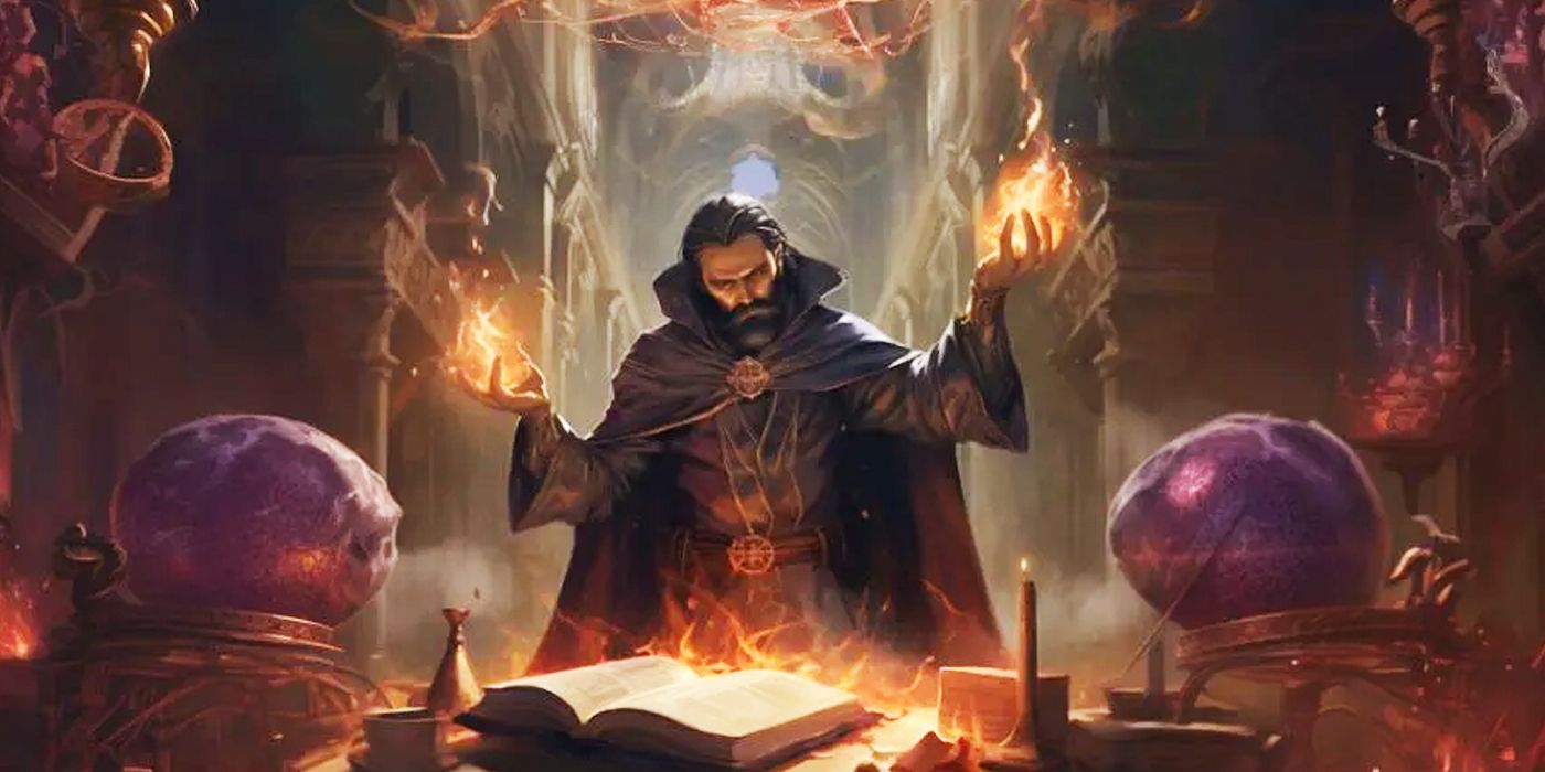 Dungeons and Dragons Sorlock Characters summons fire in front of a book