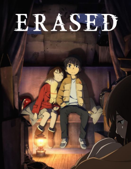 Erased anime with Satoru sitting determined and alert in the hideout