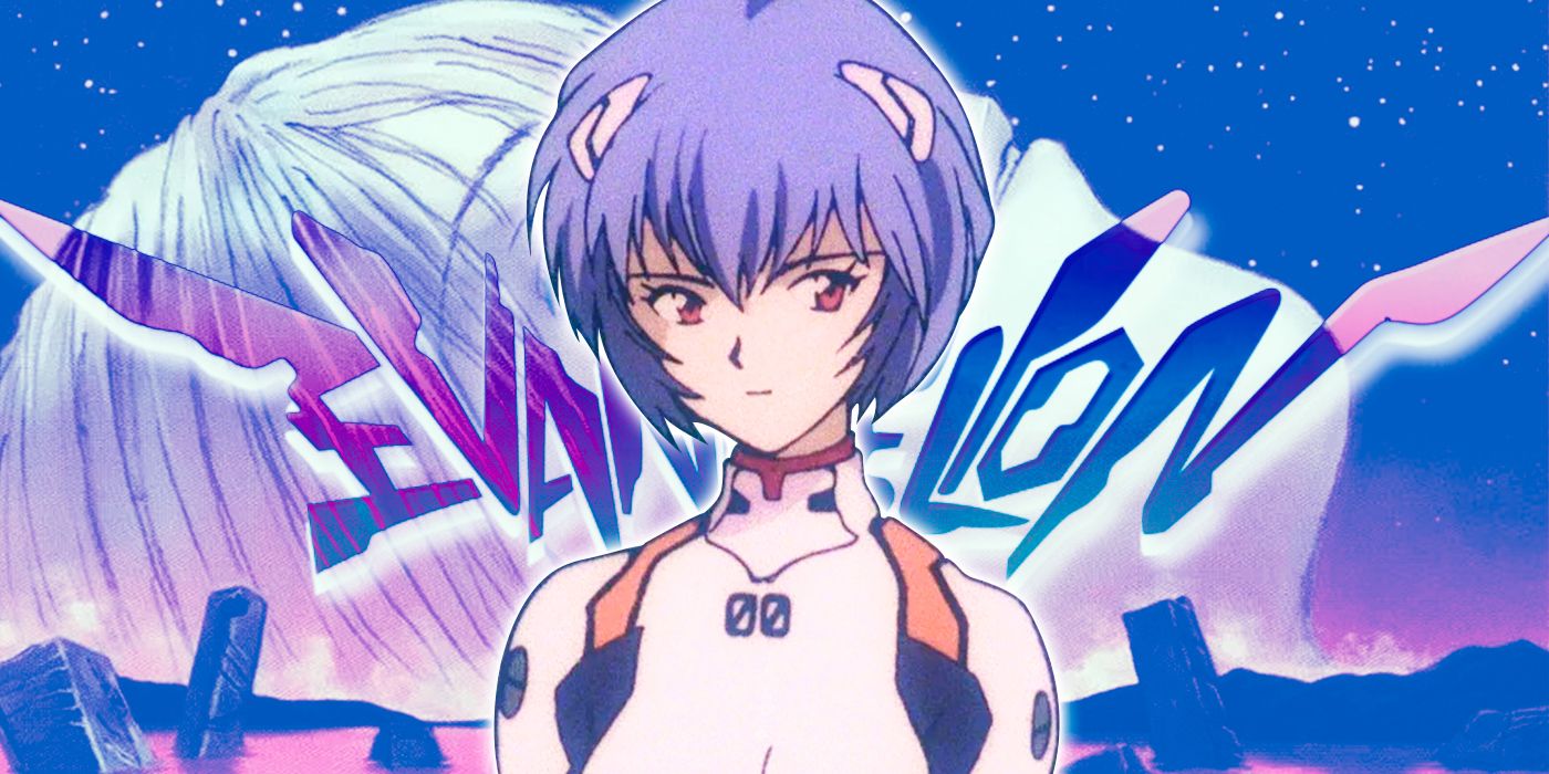 Neon Genesis Evangelion's Rei in her plugsuit with the anime's logo behind her.