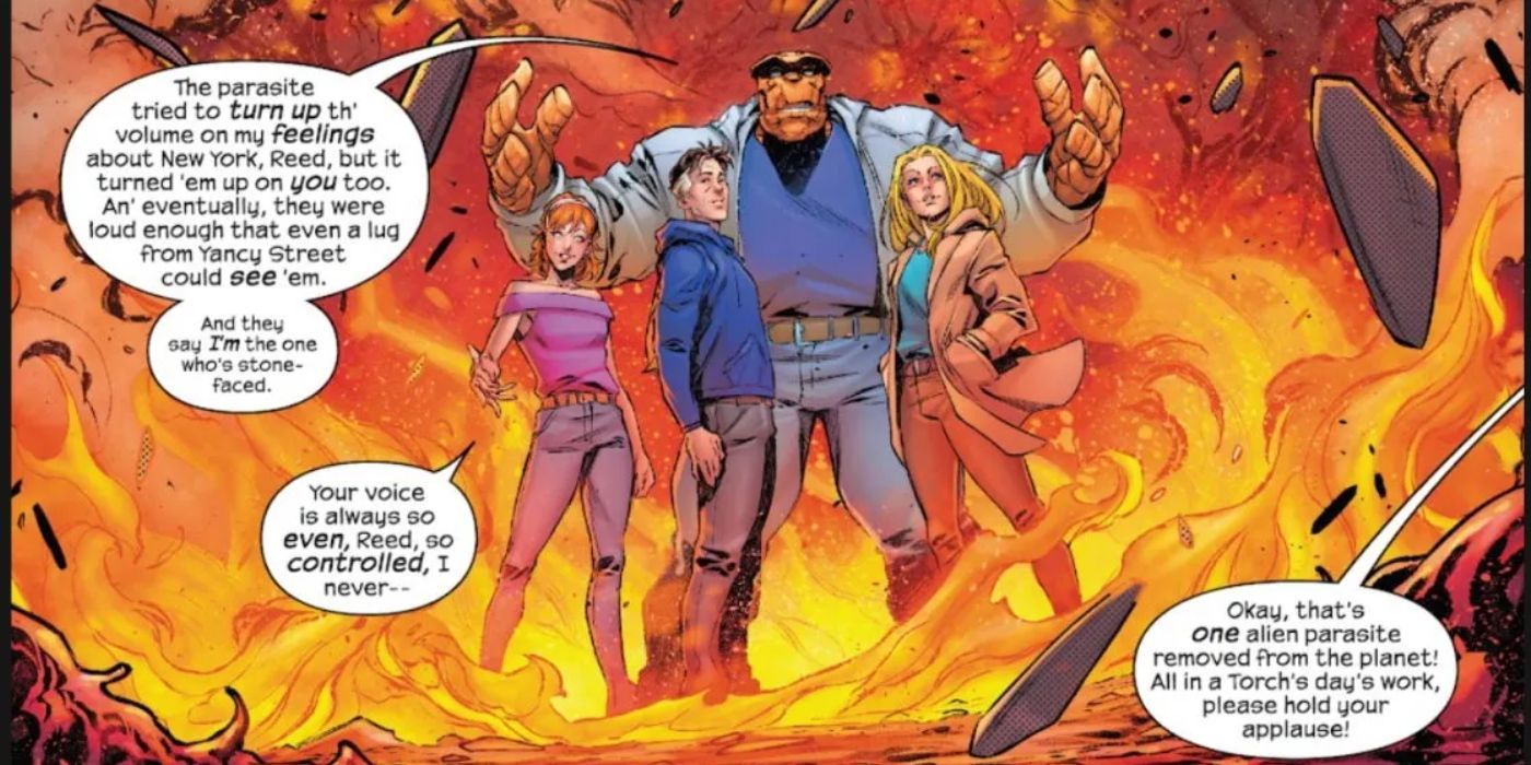 Members of the Fantastic Four and Alicia Masters surrounded by an inferno.
