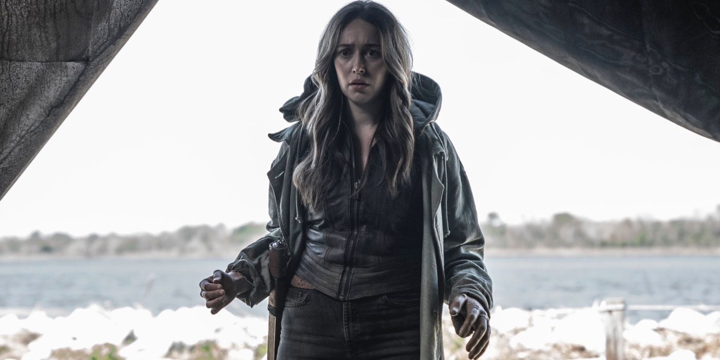 Alicia Clark in Fear the Walking Dead finale looking surprised and with a fake arm.