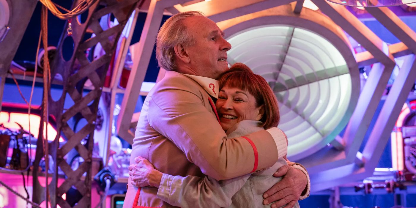 Peter Davison as the Fifth Doctor and Janet Fielding as Tegan on Doctor Who spinoff, Tales of the TARDIS.