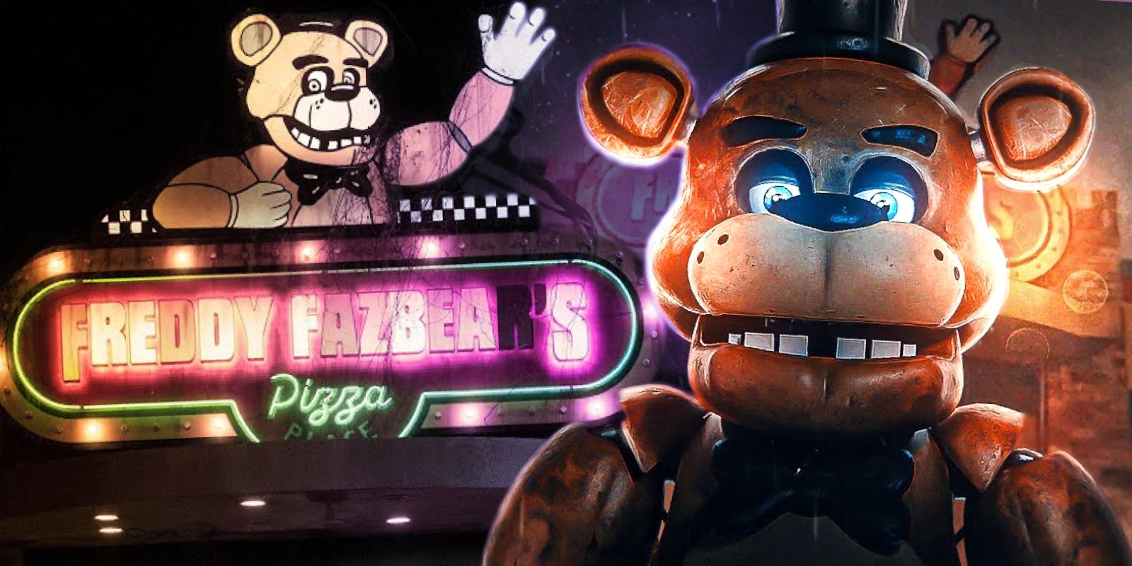 Five Nights at Freddy’s Movie’s Freddy Fazbear alongside the sign for Freddy Fazbear’s Pizza.