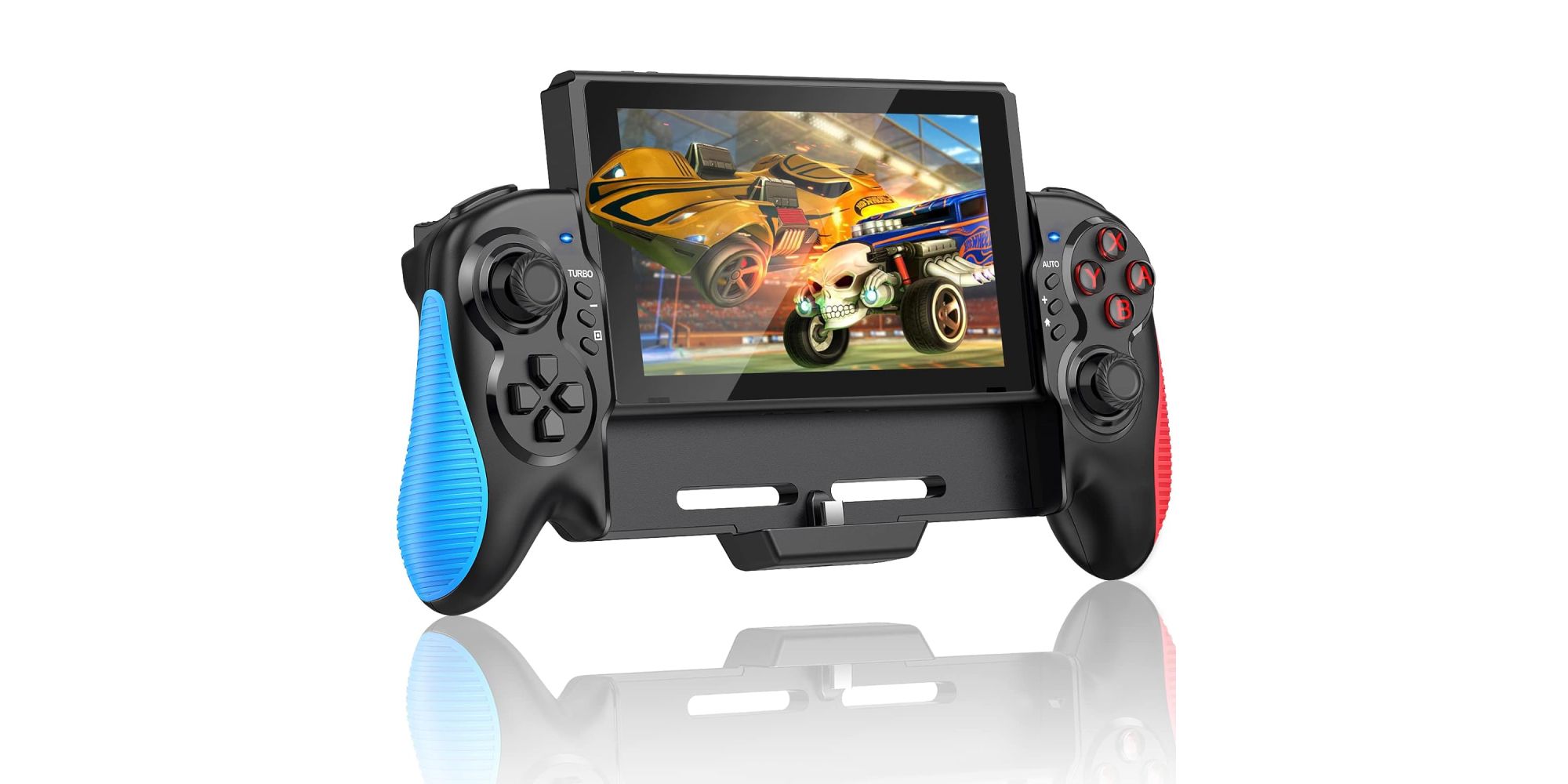 Gammeefy One-Piece Nintendo Switch Controller with Rocket League playing on the screen