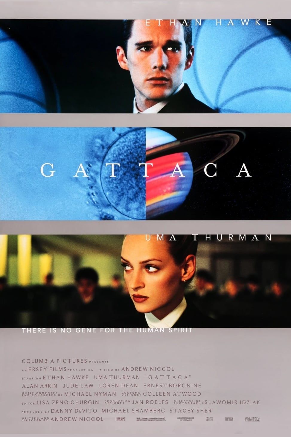 The Gattaca movie poster shows the characters and the Gattaca symbol.