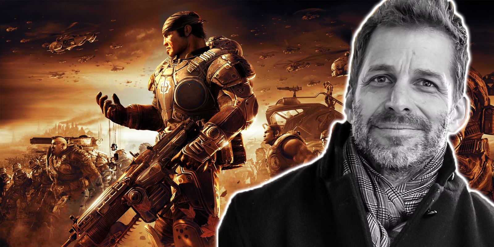 Gears of War game background overlaid with Zack Snyder in black and white