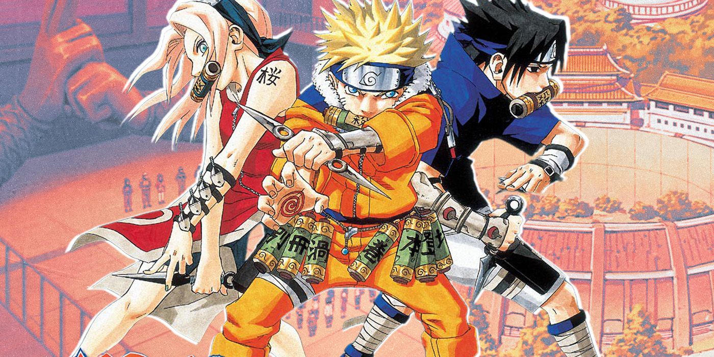 Genin Naruto, Sakura, and Sasuke holding weapons in the Chunin Exam arc