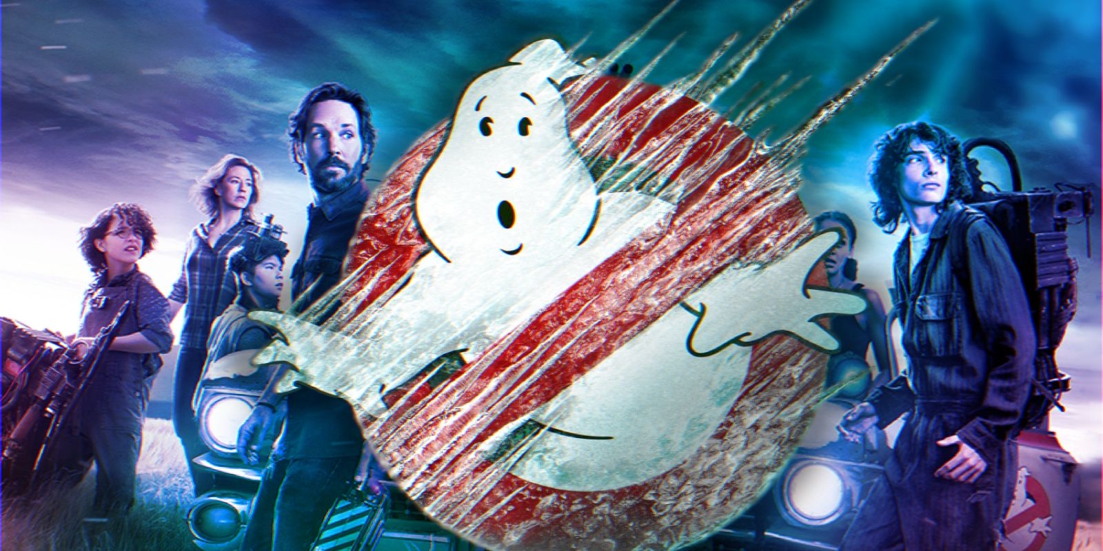 Logotipo de Ghostbusters: Frozen Empire na frente do pôster do Afterlife
