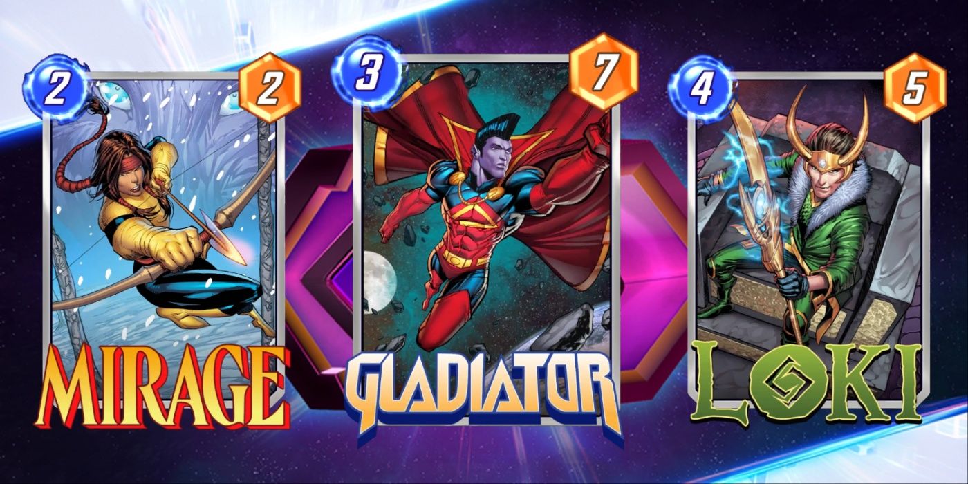 A collage of Marvel Snap Spotlight Cache cards: Gladiator, Mirage and Loki