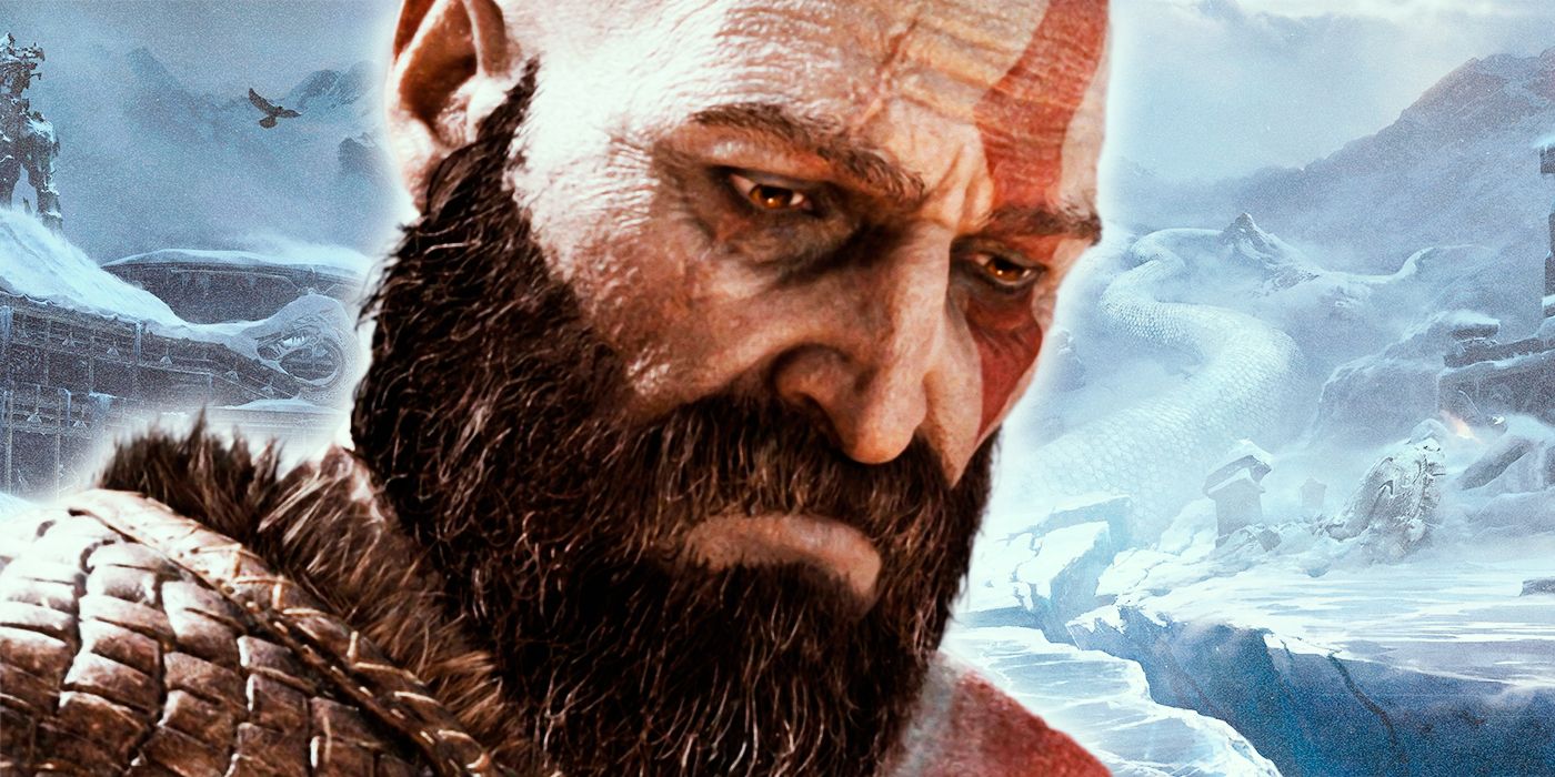 Kratos looking down with sadness on a frozen background from God of War