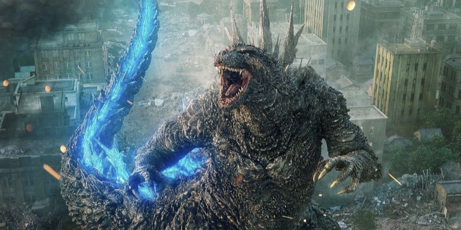 Godzilla destrói uma cidade em Godzilla Minus One.