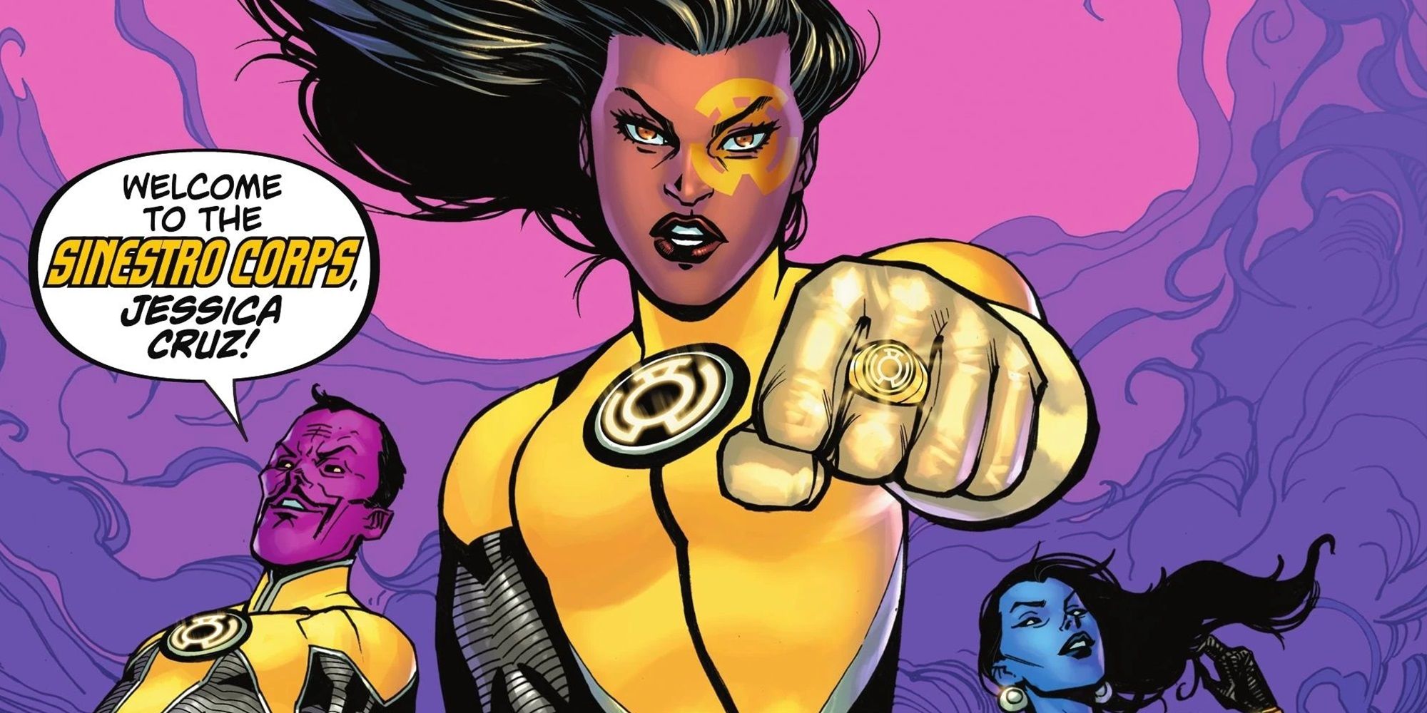 Jessica Cruz wielding a Yellow Lantern ring while Sinestro and Lyssa Drak look on in the background