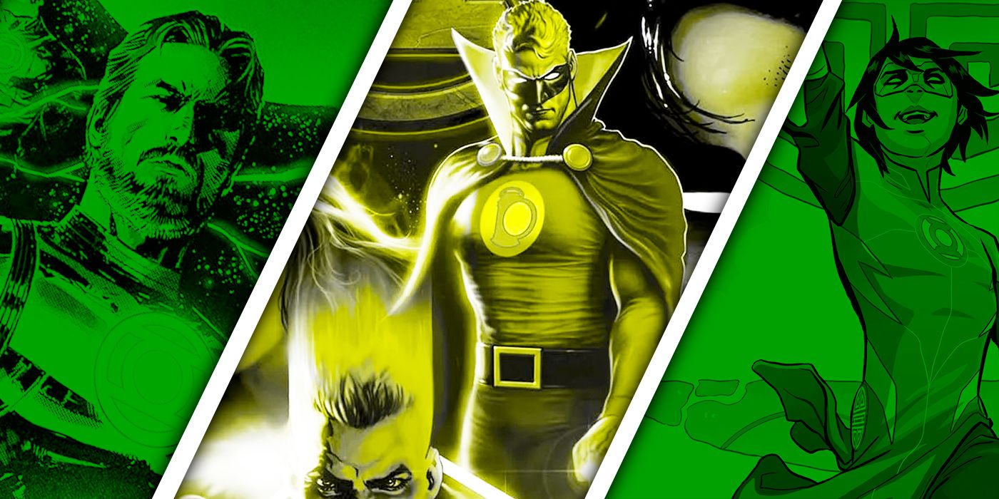 A split image of Alan Scott, Hal Jordan, and other Green Lanterns from DC's Green Lantern Comics